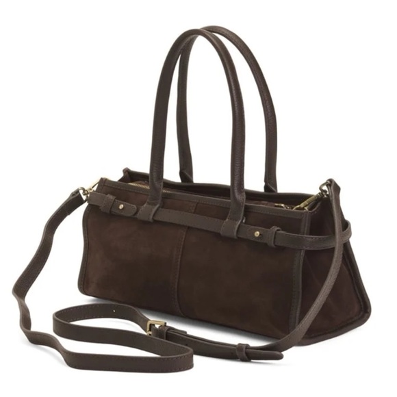 NWT Suede Genuine Leather Chocolate Dark Brown East West Bag Made in India New - Picture 2 of 15